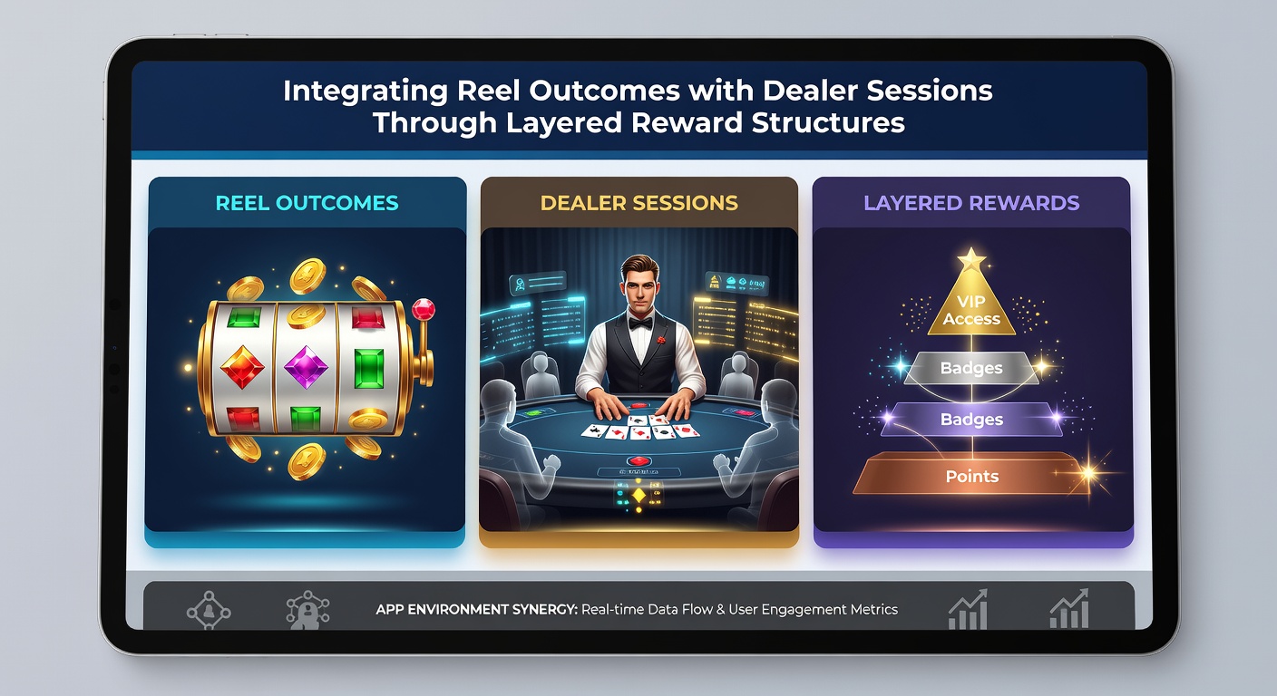 Illustration von gestaffelten Belohnungssystemen mit Verbindungen zwischen Slot-Reels und Live-Dealer-Tischen in einer App-Oberfläche