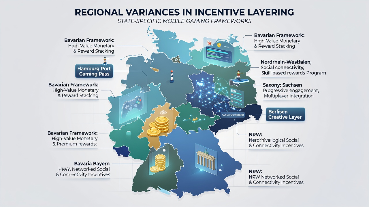 Vergleichende Infografik zu Bonusstrukturen in Bayern und NRW mit Diagrammen und mobilen App-Symbolen