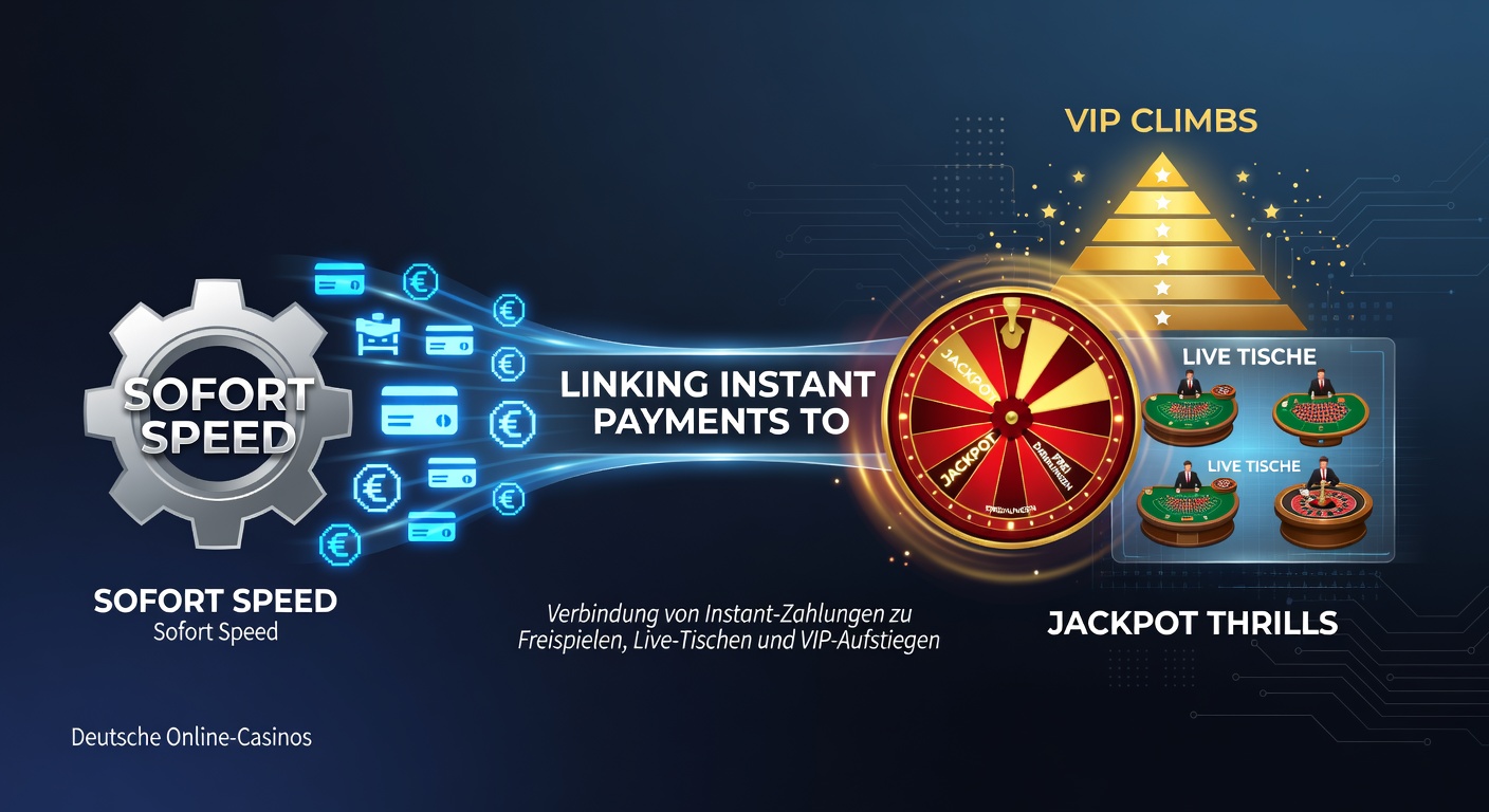 Grafik zeigt blitzschnelle Sofort-Zahlung in einem deutschen Online-Casino mit Jackpot-Symbolen und VIP-Treppen